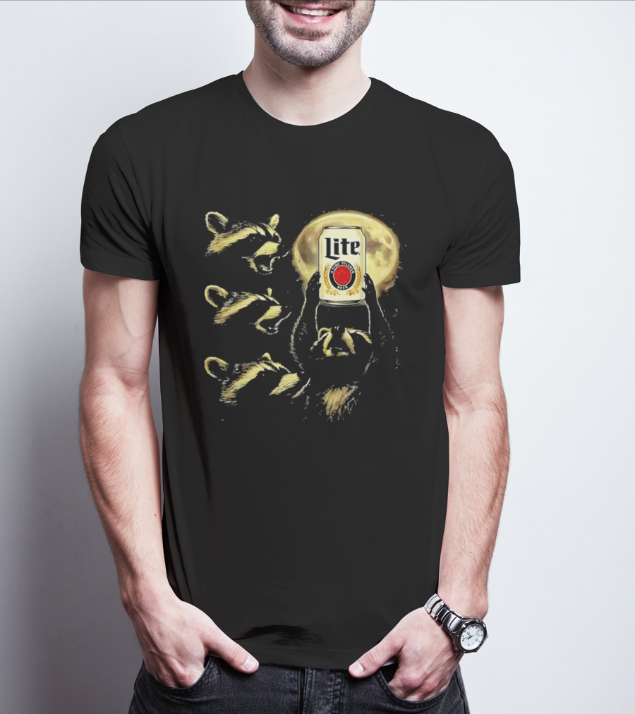 Moon Raccoon Lite Beer Can In Full Moonlight T-Shirt