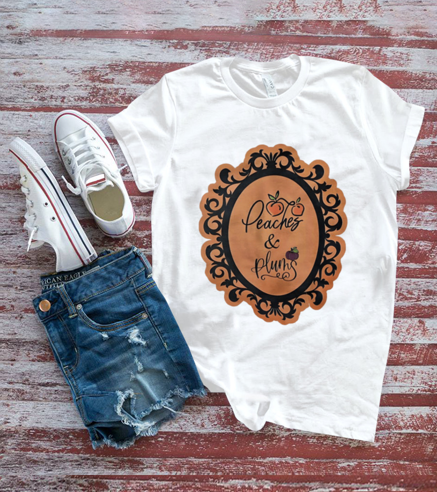 Peaches And Plums Ornate Black Floral Oval Frame T-Shirt