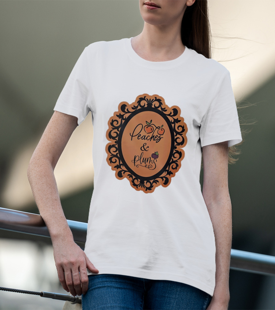 Peaches And Plums Ornate Black Floral Oval Frame T-Shirt