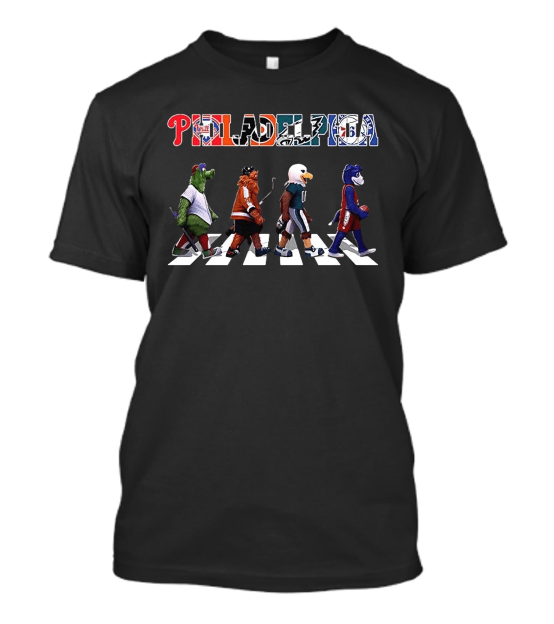 Philadelphia Phillies Flyers Eagles 76ers Mascots Abbey Road T-Shirt