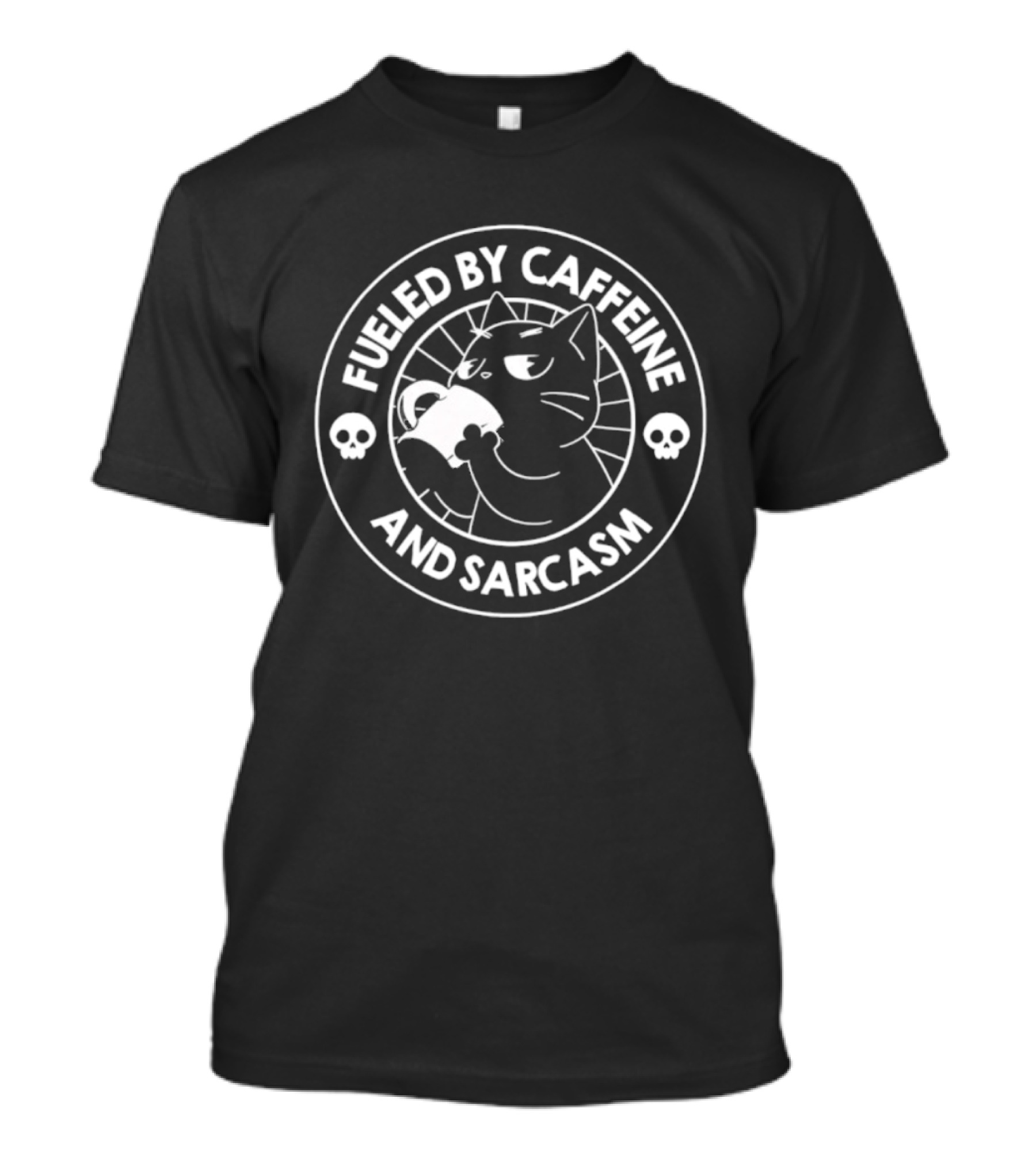 Fueled By Caffeine And Sarcasm Cat Drinking Coffee Skulls T-Shirt