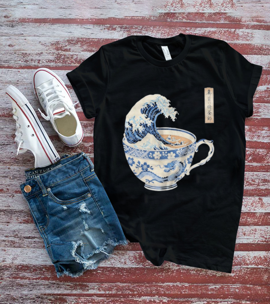 The Great Kanagawa Tea Cup Ukiyo E Wave Meets Dragon Porcelain T-Shirt