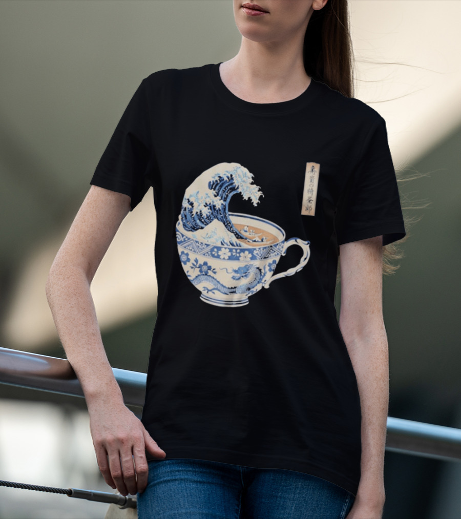 The Great Kanagawa Tea Cup Ukiyo E Wave Meets Dragon Porcelain T-Shirt