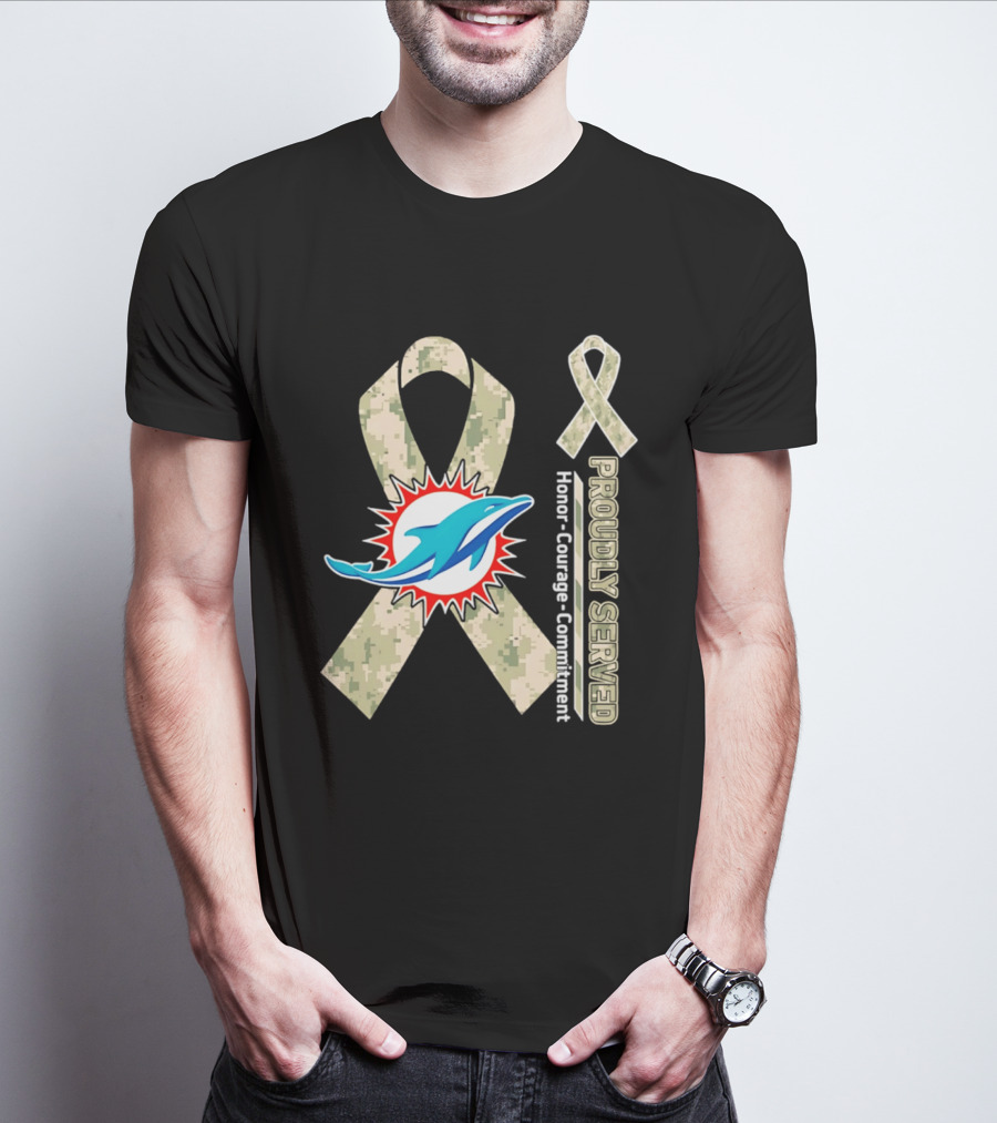 Miami Dolphins Proudly Served Camouflage Ribbon Honor Courage Commitment T-Shirt