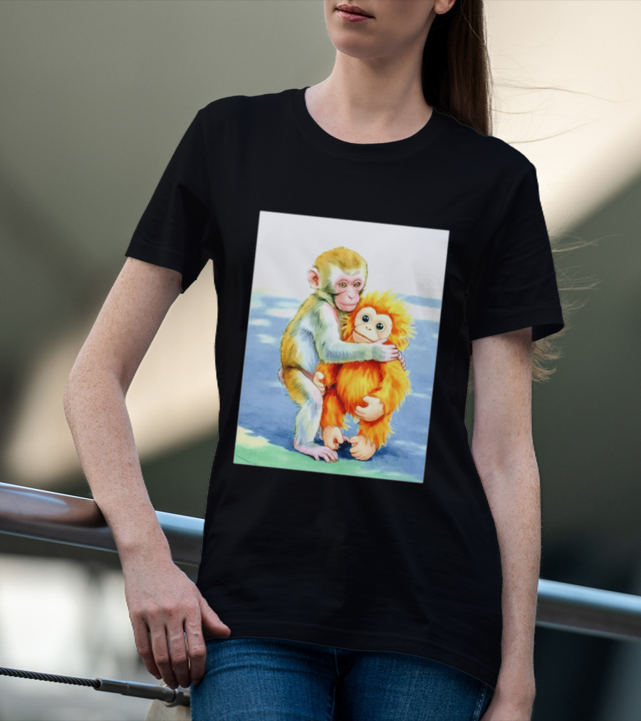 Adorable Monkey Cuddling Orange Plush Toy Scene T-Shirt