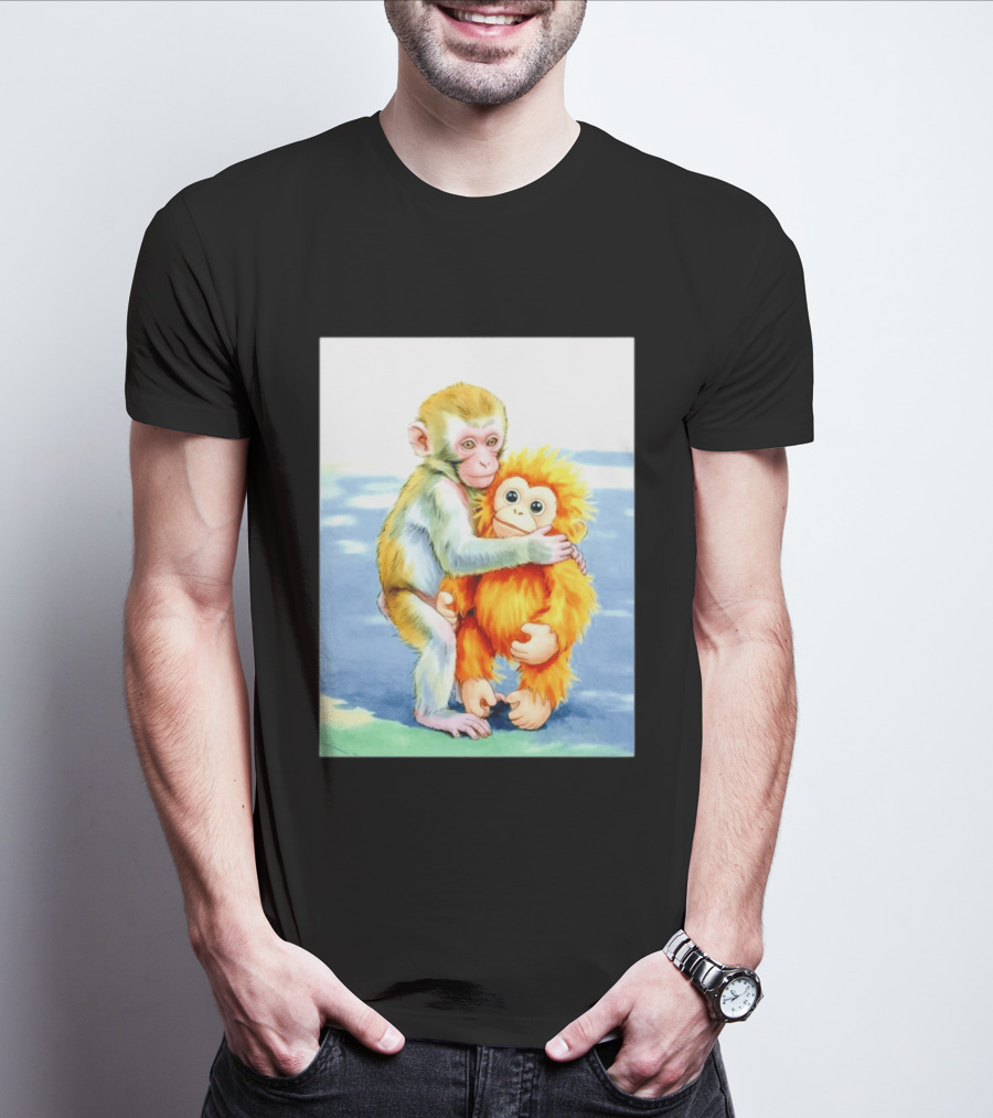Adorable Monkey Cuddling Orange Plush Toy Scene T-Shirt
