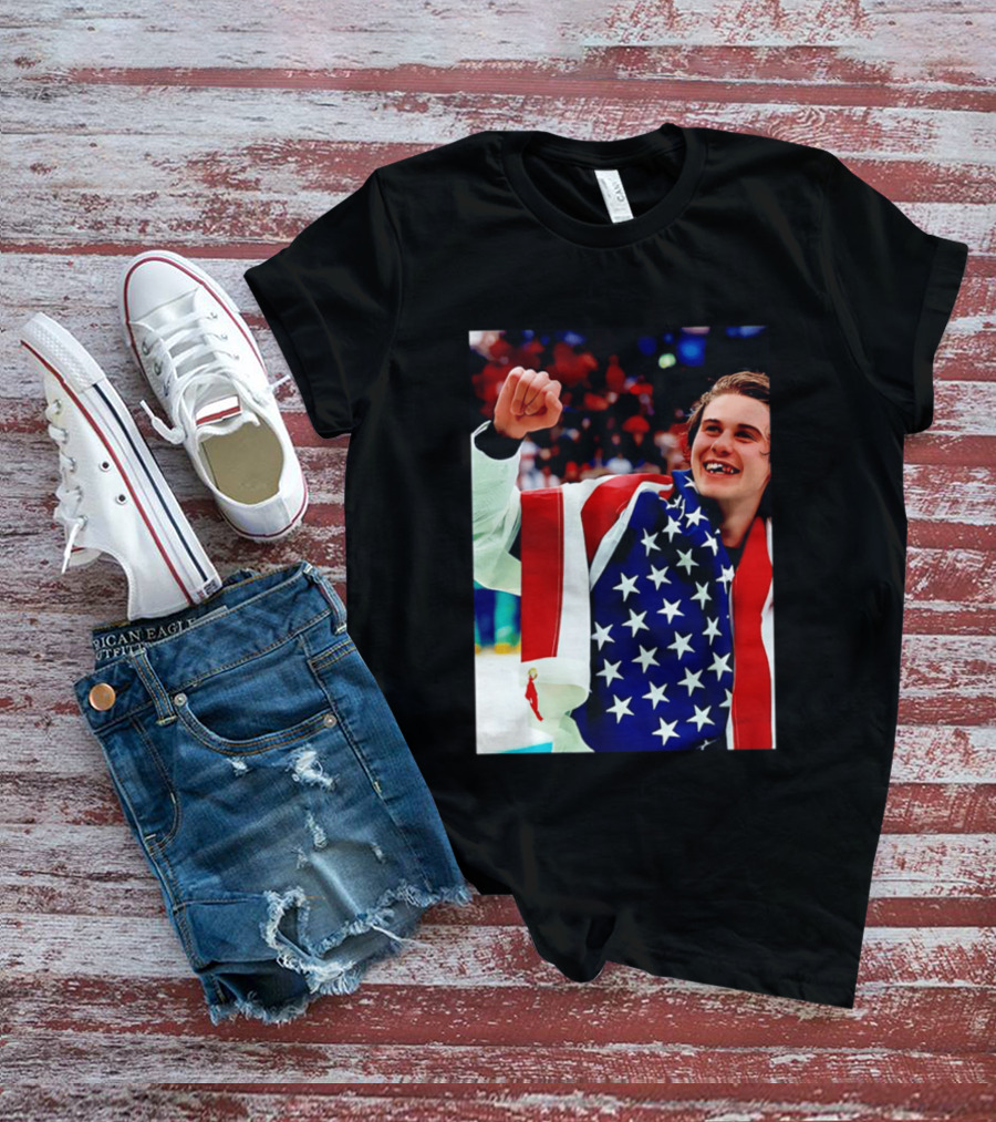 Jack Hughes Celebrating Team USA Hockey Star Spangled Moment T-Shirt