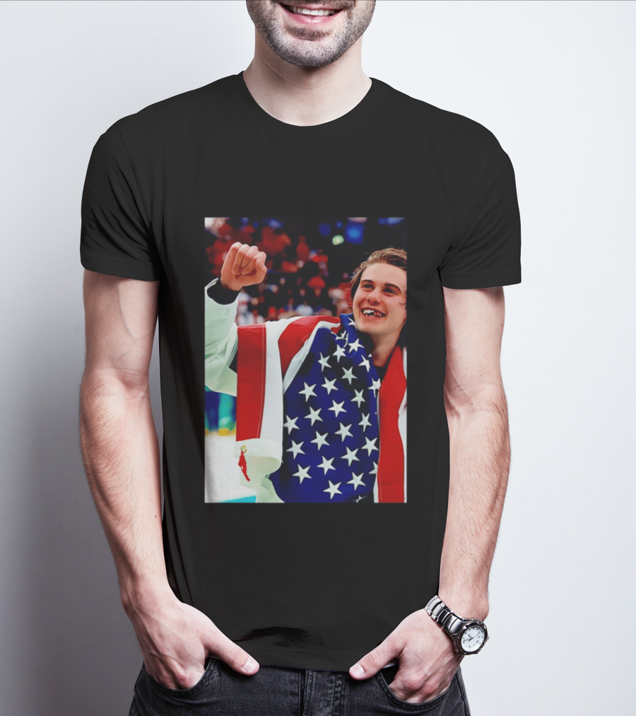 Jack Hughes Celebrating Team USA Hockey Star Spangled Moment T-Shirt