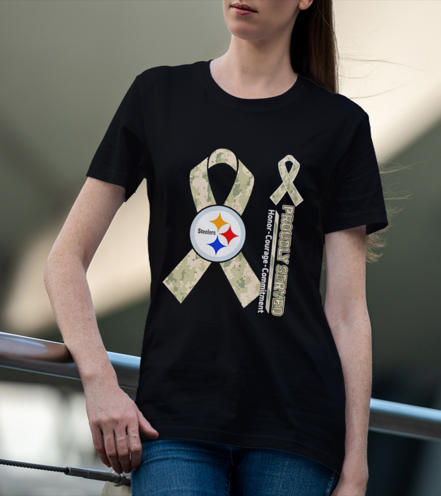 Pittsburgh Steelers Camouflage Ribbon Proudly Served Honor Courage Commitment T-Shirt