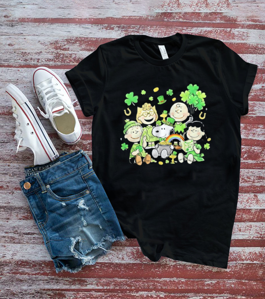 St. Patrick's Day Peanuts Snoopy And Friends With Shamrocks Horseshoes And Rainbow T-Shirt