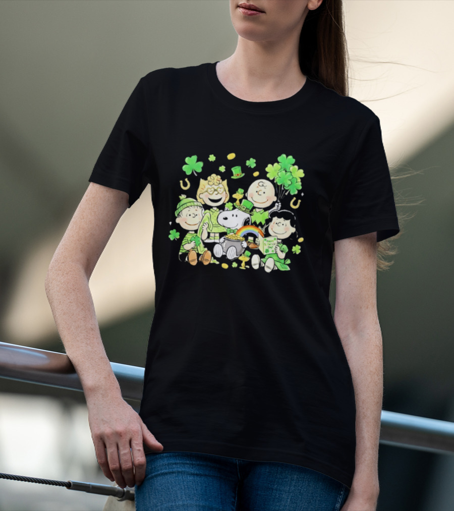 St. Patrick's Day Peanuts Snoopy And Friends With Shamrocks Horseshoes And Rainbow T-Shirt