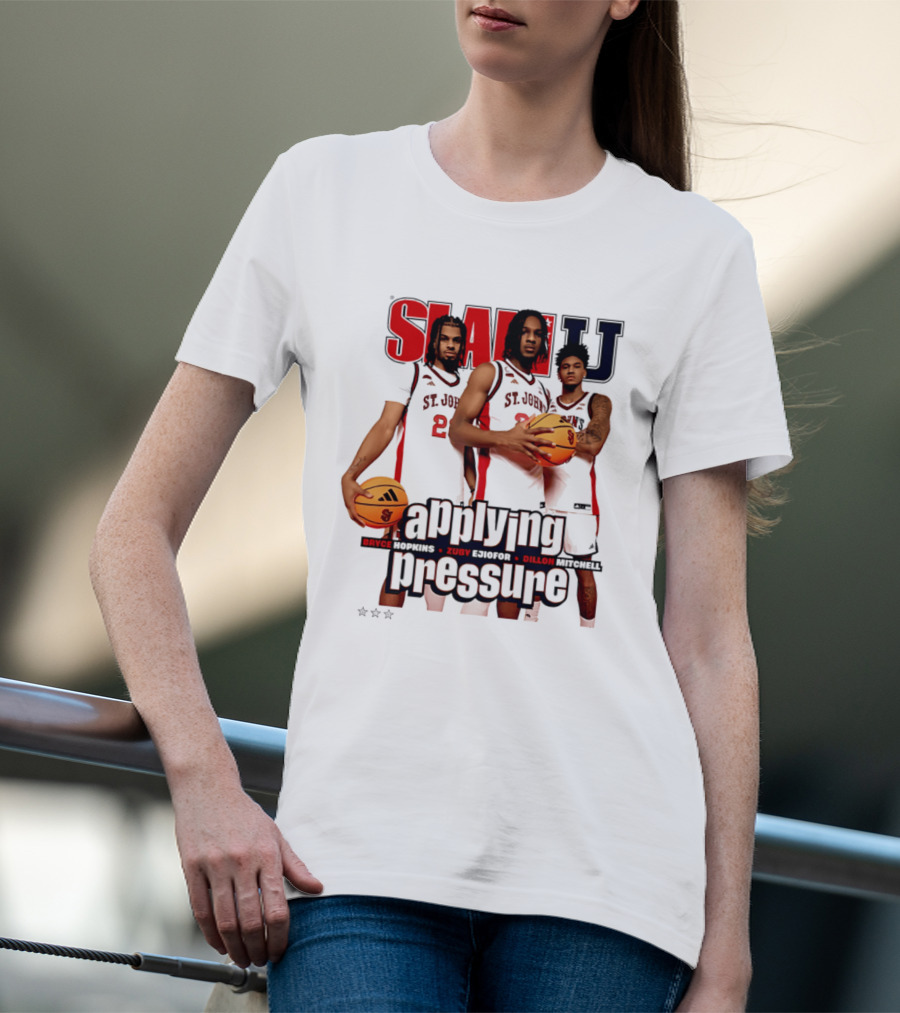 St. John's Red Storm SlamU Applying Pressure Bryce Hopkins Zuby Ejiofor Dillon Mitchell T-Shirt