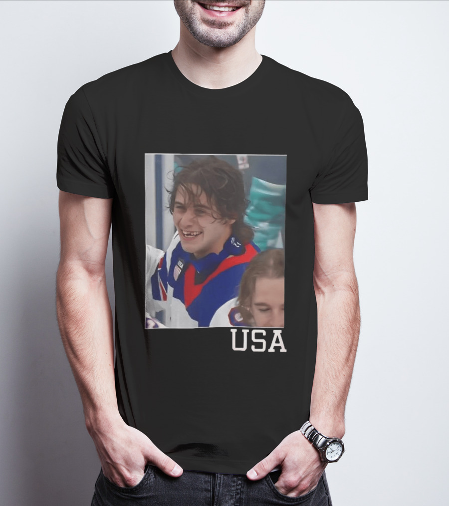Jack Hughes 2026 Winter Olympic Team USA Smile Hockey T-Shirt