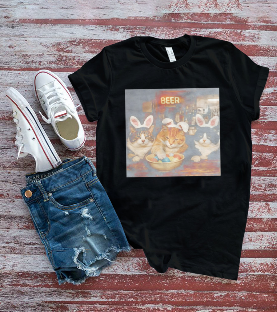 Beer Cat Trio Bunny Ears With Easter Eggs T-Shirt