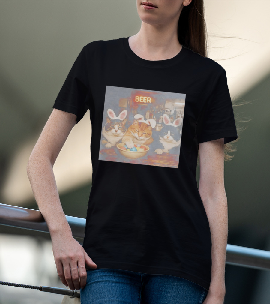 Beer Cat Trio Bunny Ears With Easter Eggs T-Shirt