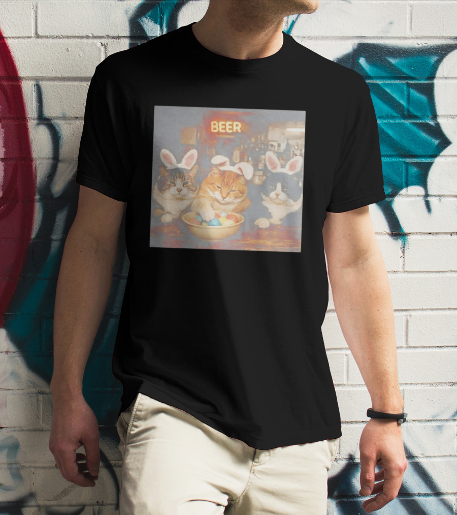 Beer Cat Trio Bunny Ears With Easter Eggs T-Shirt