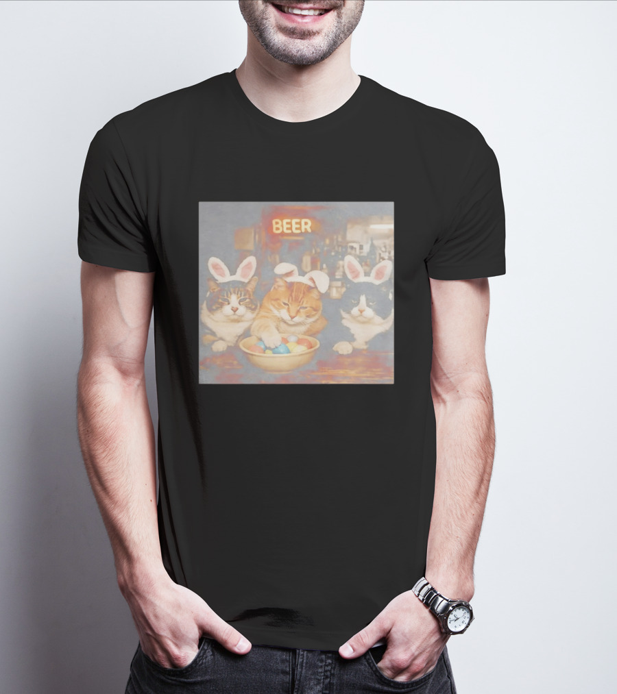 Beer Cat Trio Bunny Ears With Easter Eggs T-Shirt