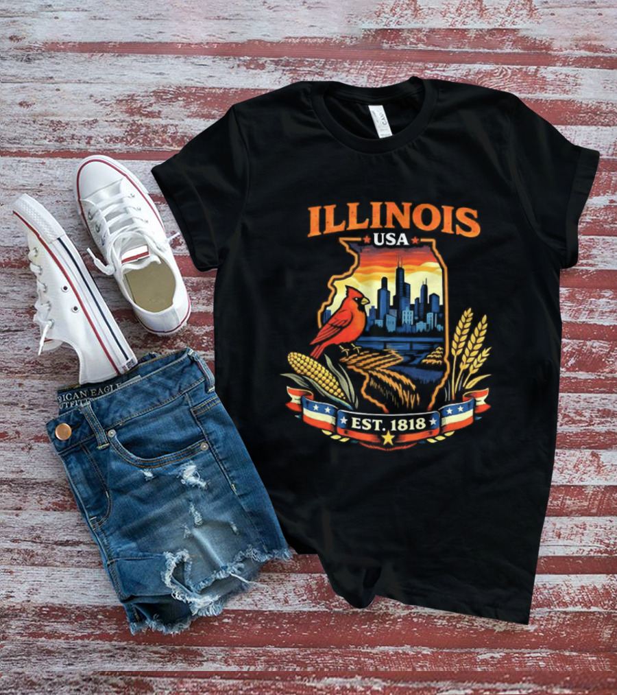 Illinois USA 1818 Cardinal Skyline Corn Wheat T-Shirt