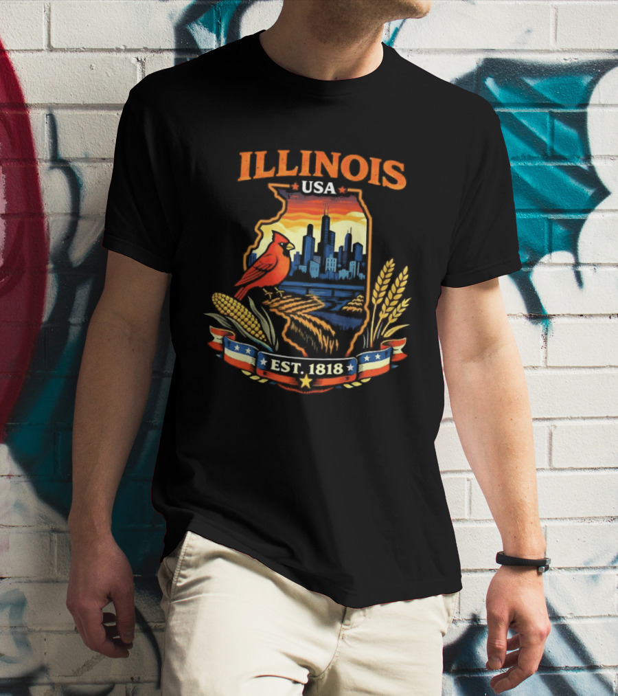 Illinois USA 1818 Cardinal Skyline Corn Wheat T-Shirt