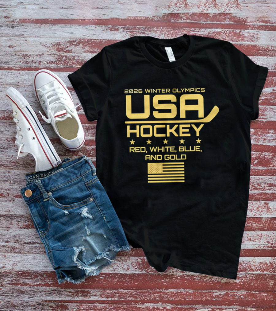 USA Hockey 2026 Winter Olympics Red White Blue Gold Flag T-Shirt
