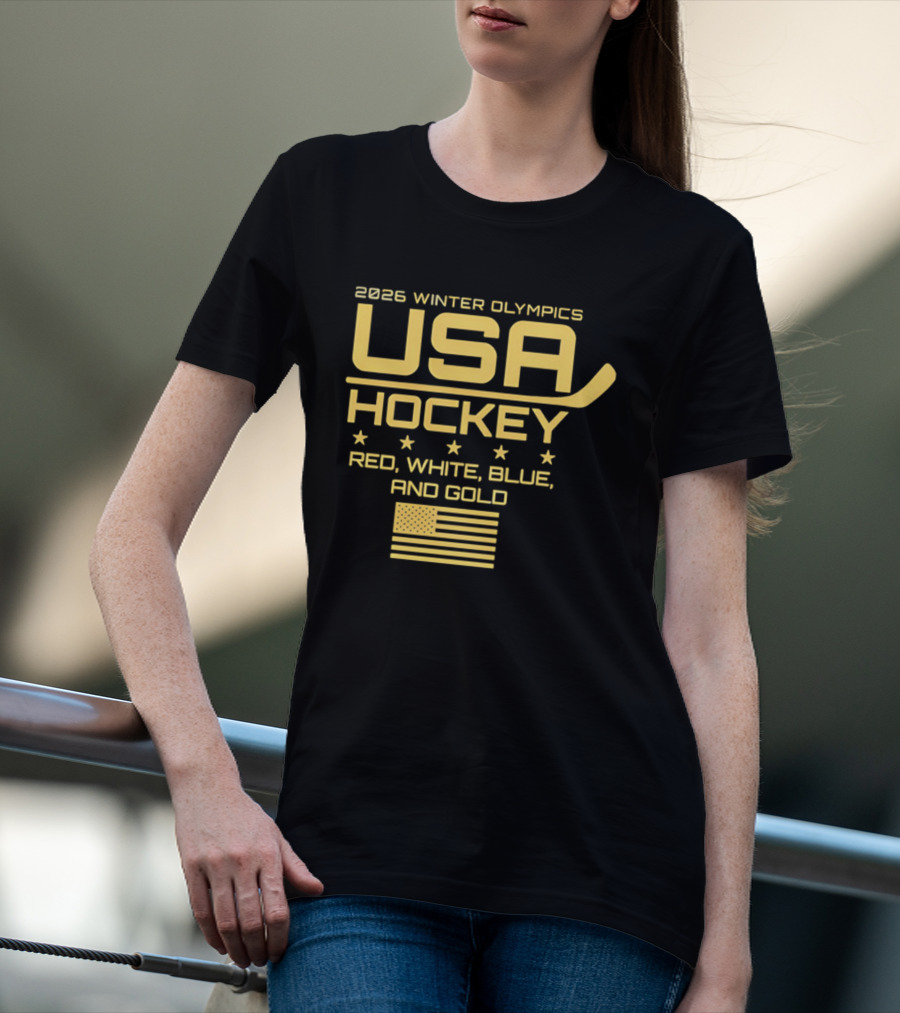 USA Hockey 2026 Winter Olympics Red White Blue Gold Flag T-Shirt