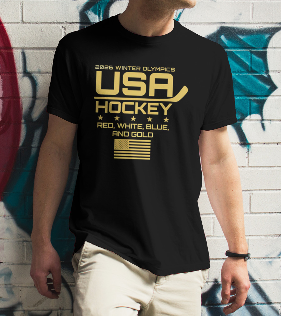 USA Hockey 2026 Winter Olympics Red White Blue Gold Flag T-Shirt
