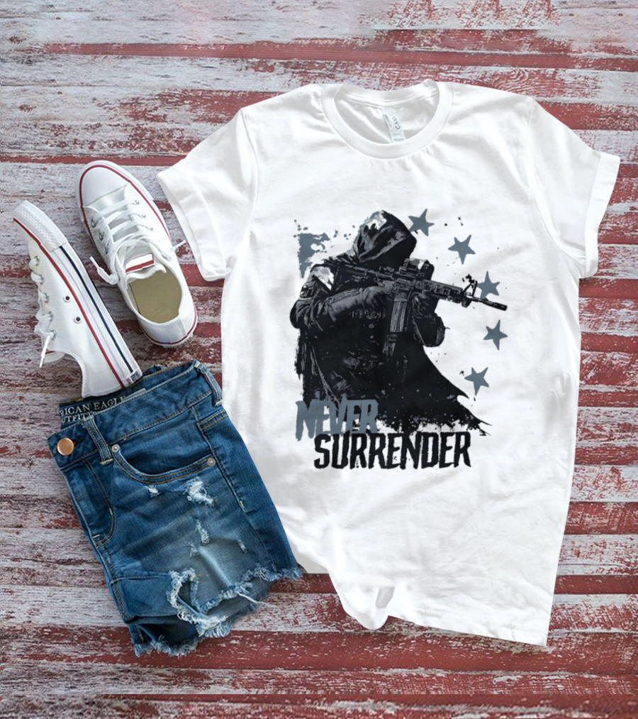 Never Surrender Reaper With Hooded Figure And Rifle T-Shirt