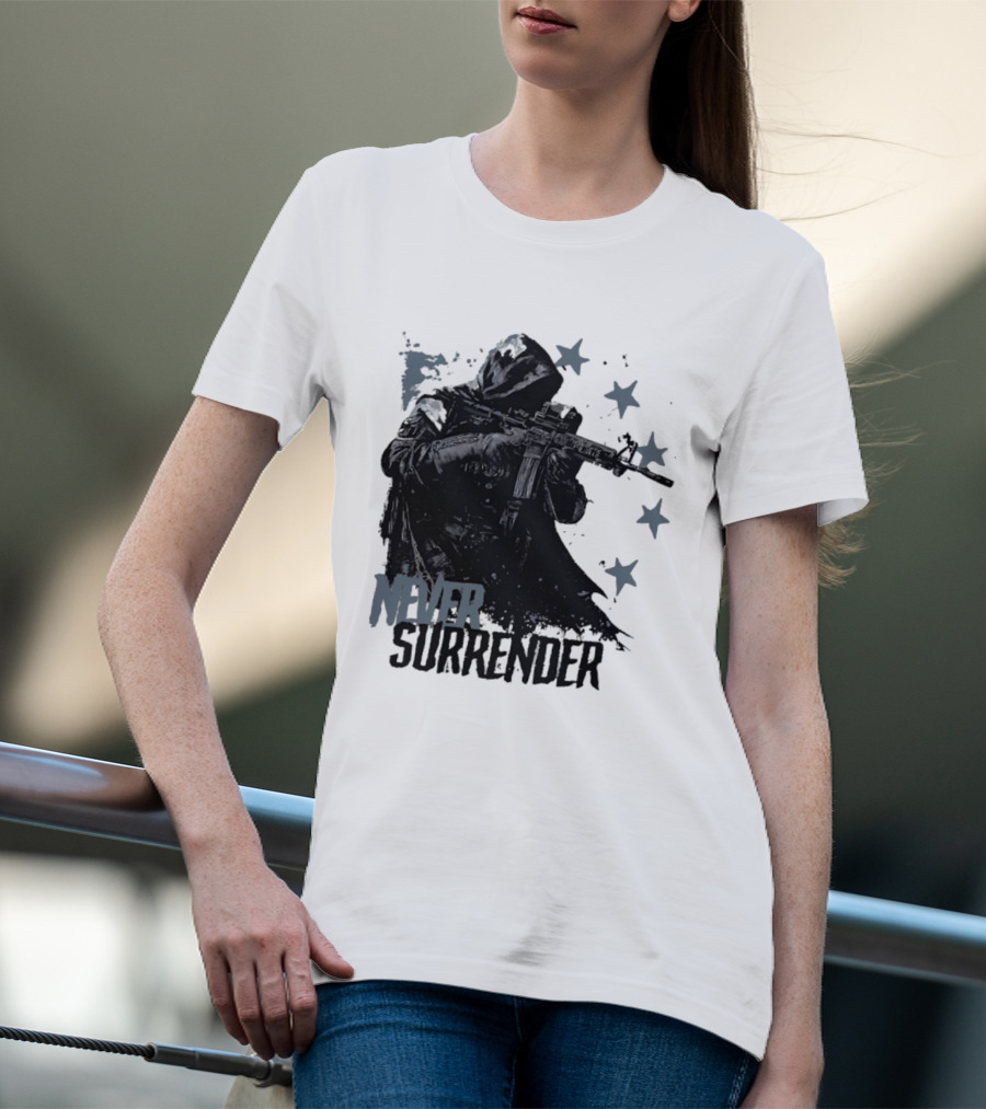 Never Surrender Reaper With Hooded Figure And Rifle T-Shirt