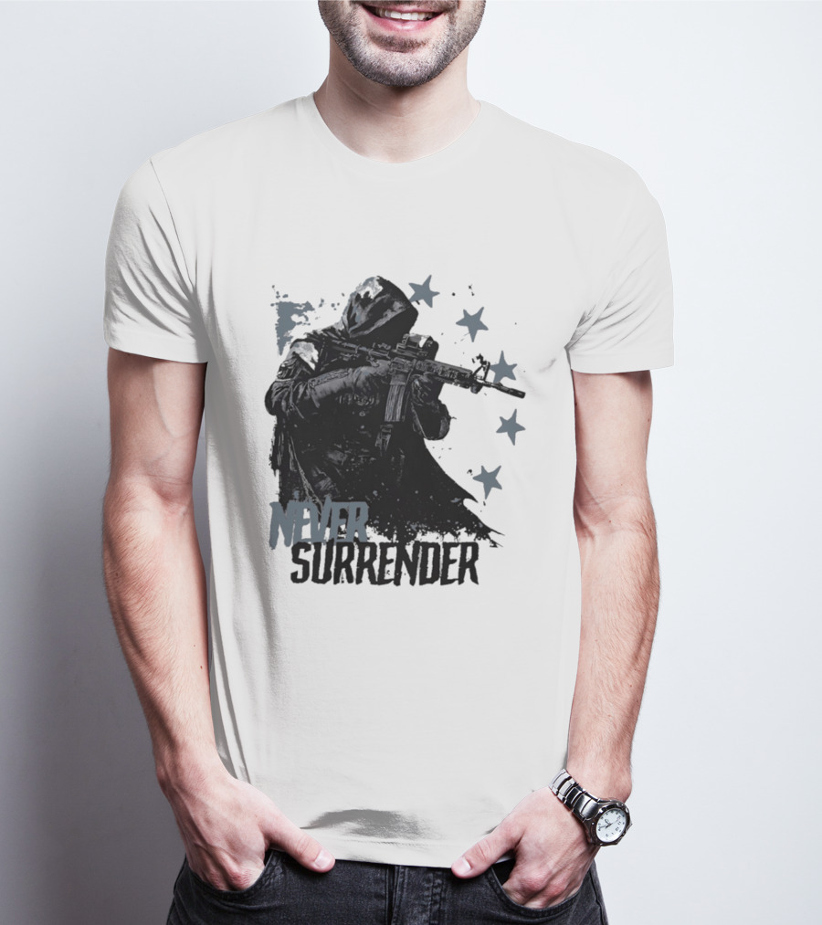 Never Surrender Reaper With Hooded Figure And Rifle T-Shirt