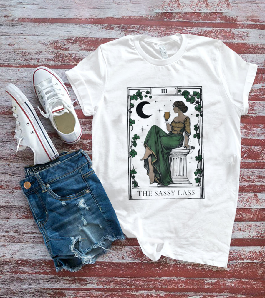 St Patrick's Day The Sassy Lass Tarot Card III Moon Clover T-Shirt