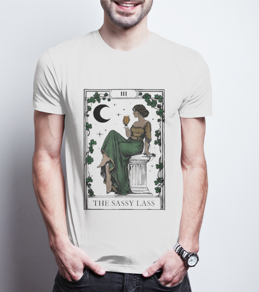 St Patrick's Day The Sassy Lass Tarot Card III Moon Clover T-Shirt