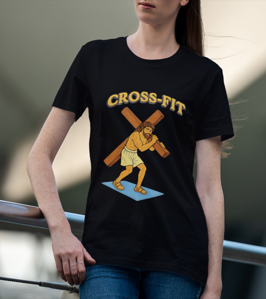 Cross Fit Jesus Cartoon Carrying Cross T-Shirt
