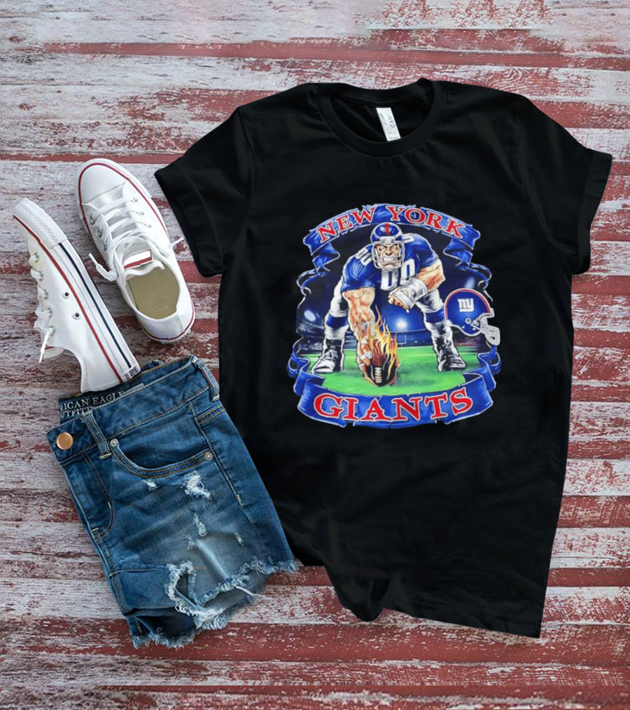 New York Giants Football Flame Helmet Player Action T-Shirt