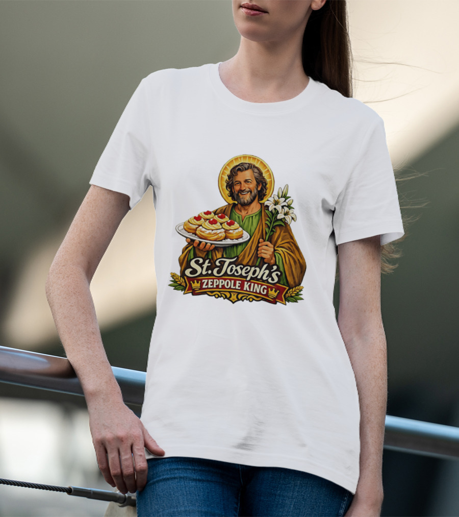 St Joseph's Zeppole King Saint Holding Tray With Flowers T-Shirt