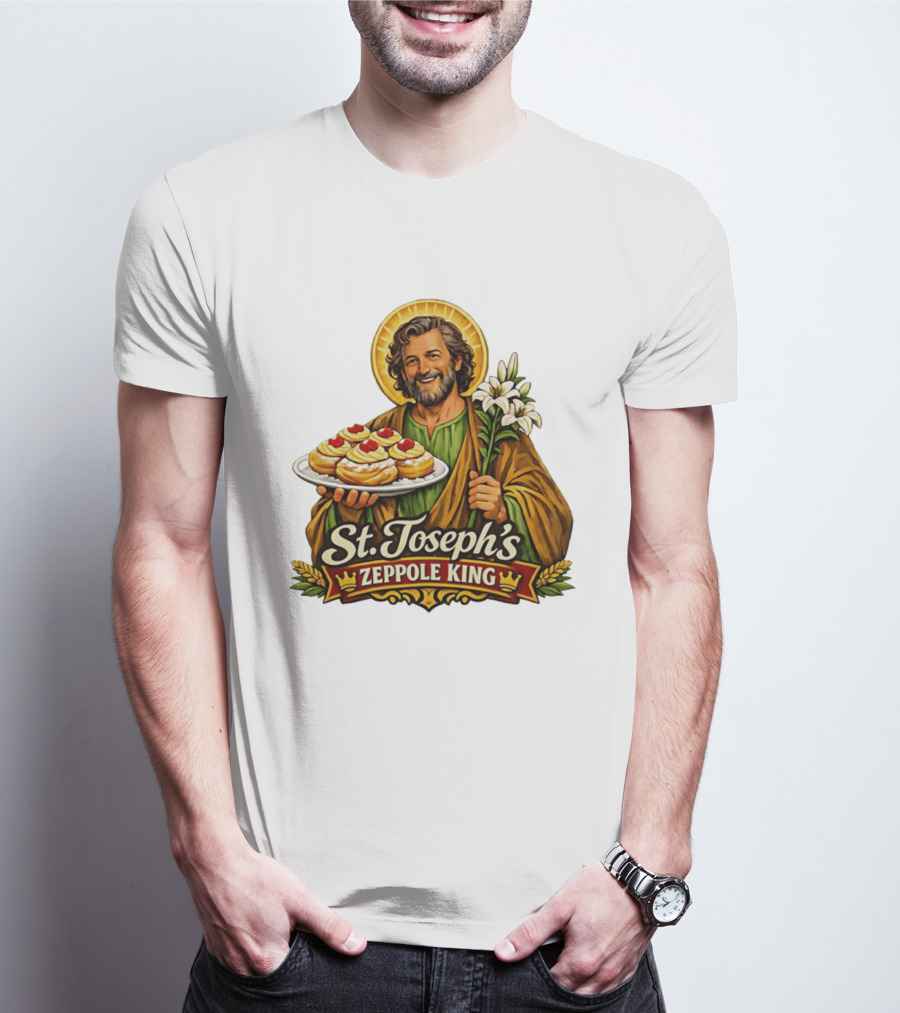 St Joseph's Zeppole King Saint Holding Tray With Flowers T-Shirt