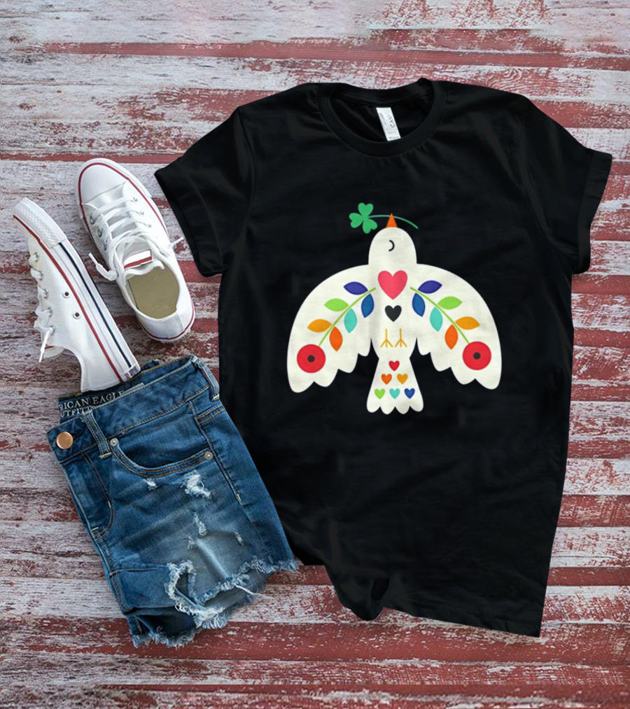 Luck Peace Love Dove With Shamrock And Colorful Hearts T-Shirt