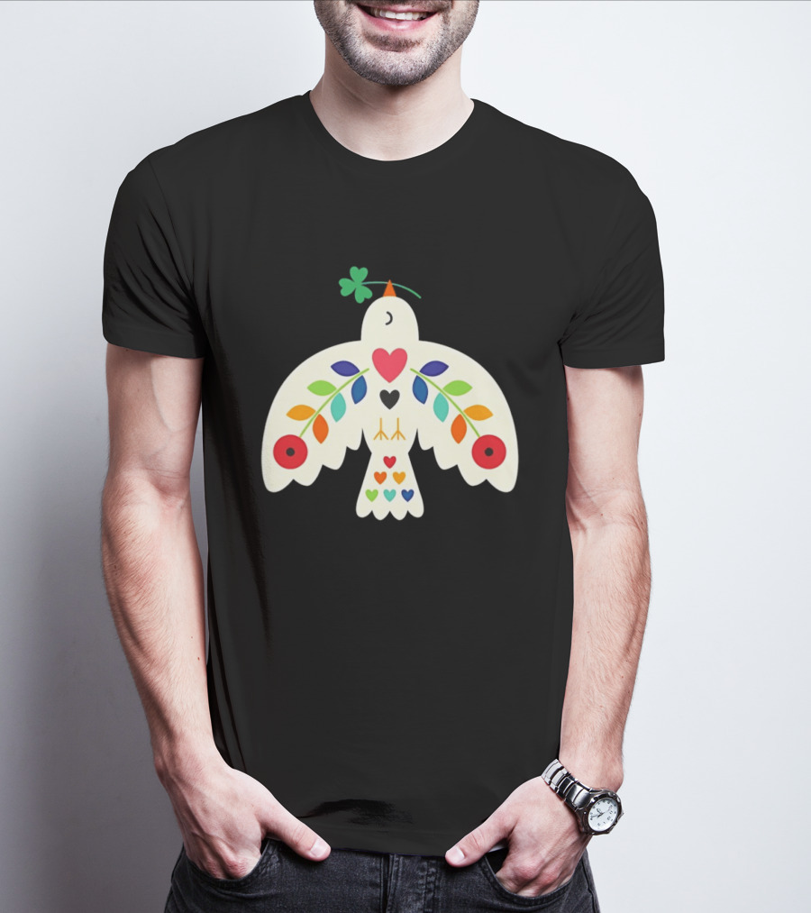 Luck Peace Love Dove With Shamrock And Colorful Hearts T-Shirt