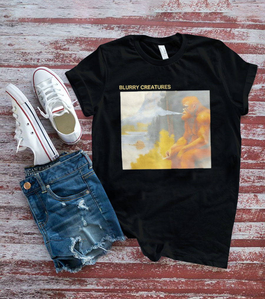 Bigfoot Blurry Creatures Smoking By Lake Mountain Scene T-Shirt