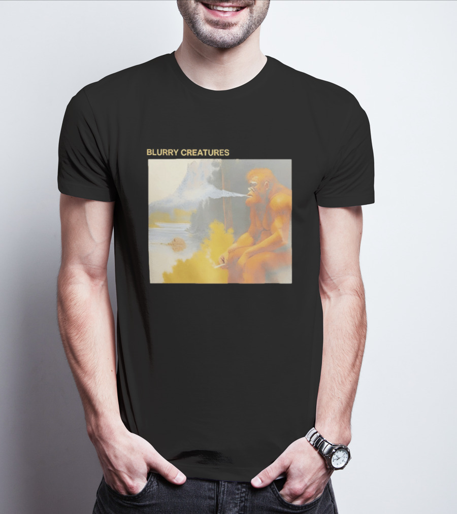 Bigfoot Blurry Creatures Smoking By Lake Mountain Scene T-Shirt