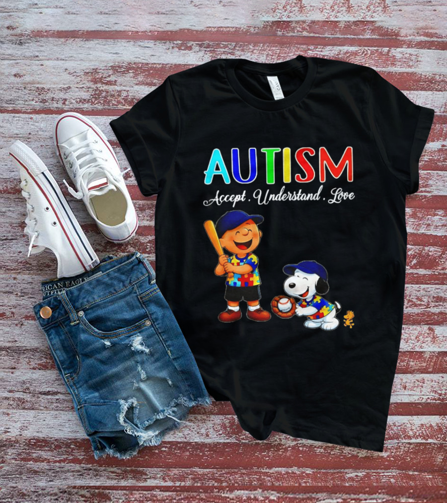 Charlie Brown Snoopy Peanuts Autism Accept Understand Love Baseball Puzzle T-Shirt