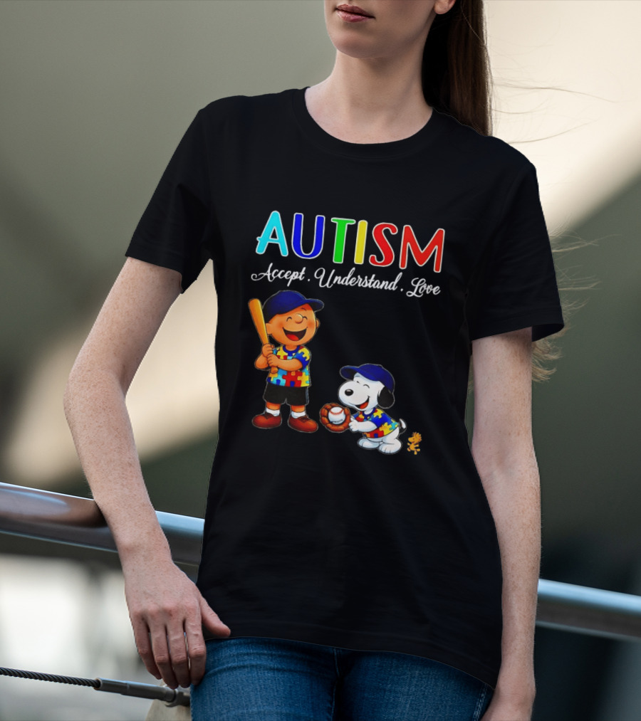 Charlie Brown Snoopy Peanuts Autism Accept Understand Love Baseball Puzzle T-Shirt