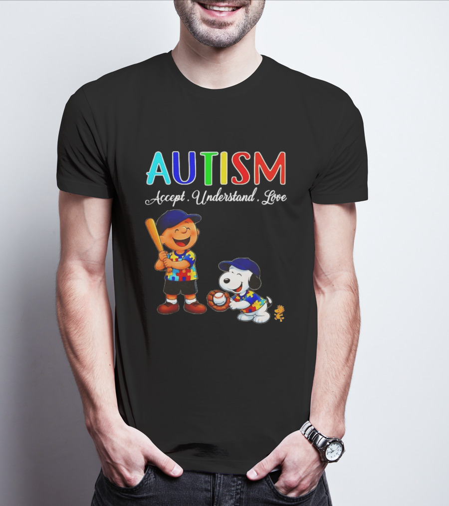 Charlie Brown Snoopy Peanuts Autism Accept Understand Love Baseball Puzzle T-Shirt