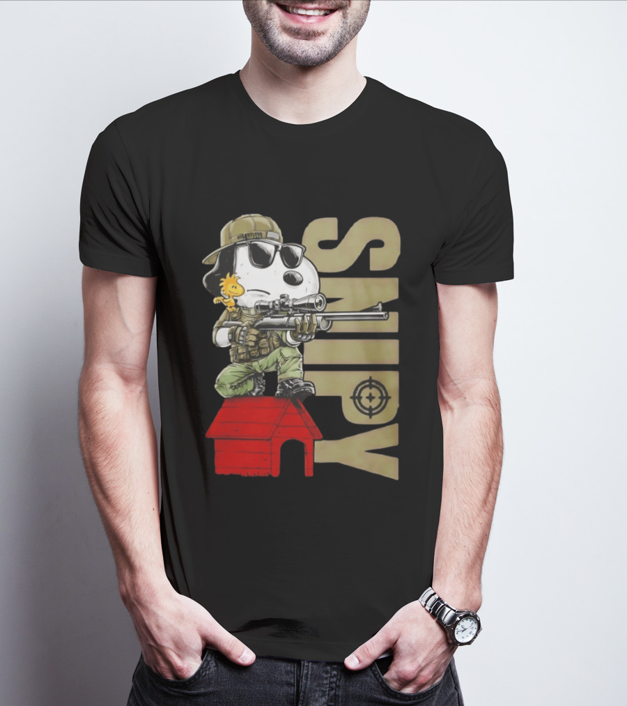 Snoopy Sniper Woodstock Camouflage Doghouse Target T-Shirt