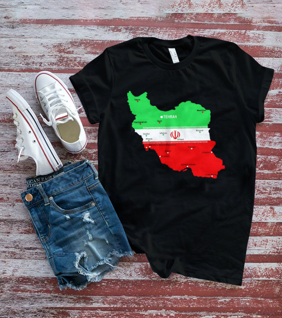 Iran Map With Flag Tehran Tabriz Mashhad Esfahan Shiraz Yazd Cities T-Shirt