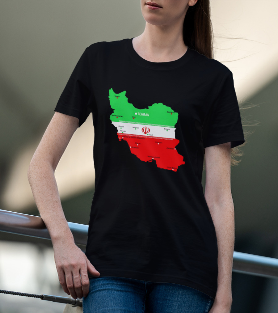 Iran Map With Flag Tehran Tabriz Mashhad Esfahan Shiraz Yazd Cities T-Shirt