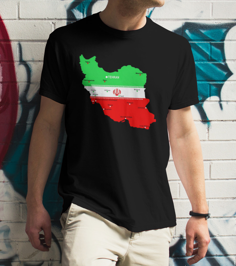 Iran Map With Flag Tehran Tabriz Mashhad Esfahan Shiraz Yazd Cities T-Shirt