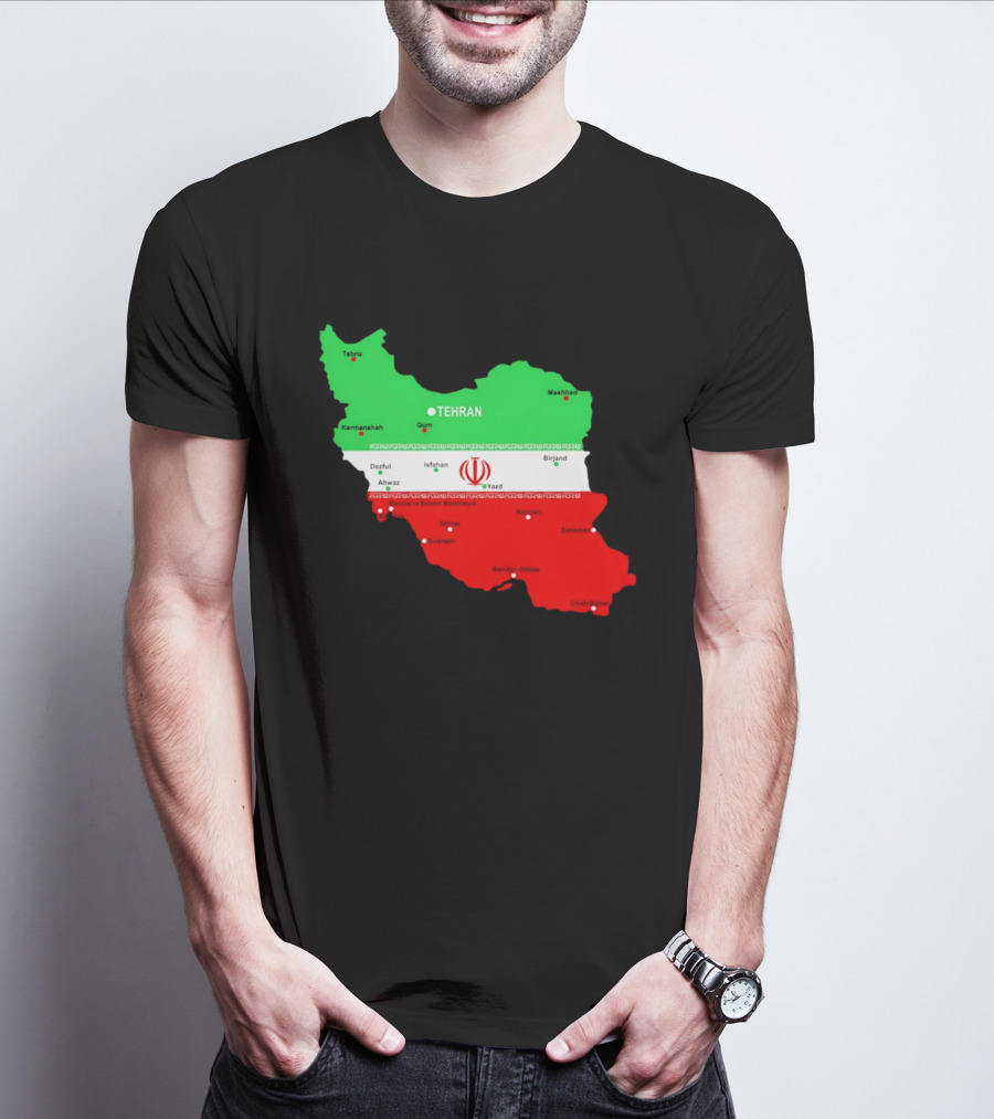 Iran Map With Flag Tehran Tabriz Mashhad Esfahan Shiraz Yazd Cities T-Shirt