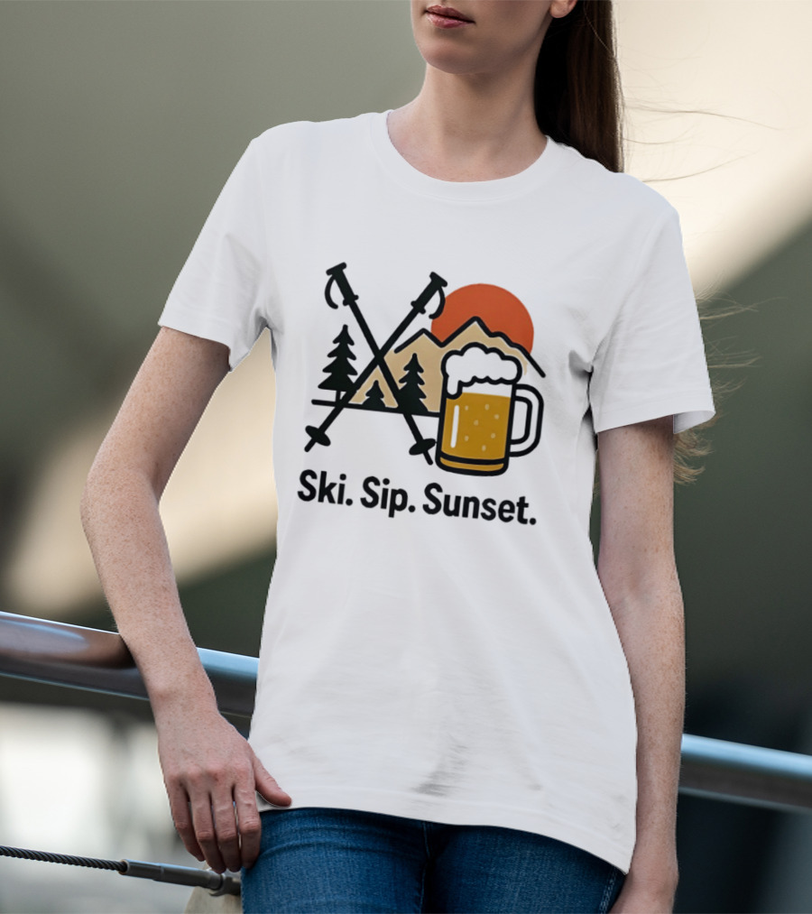 Ski Sip Sunset Mountain Beer Adventure T-Shirt