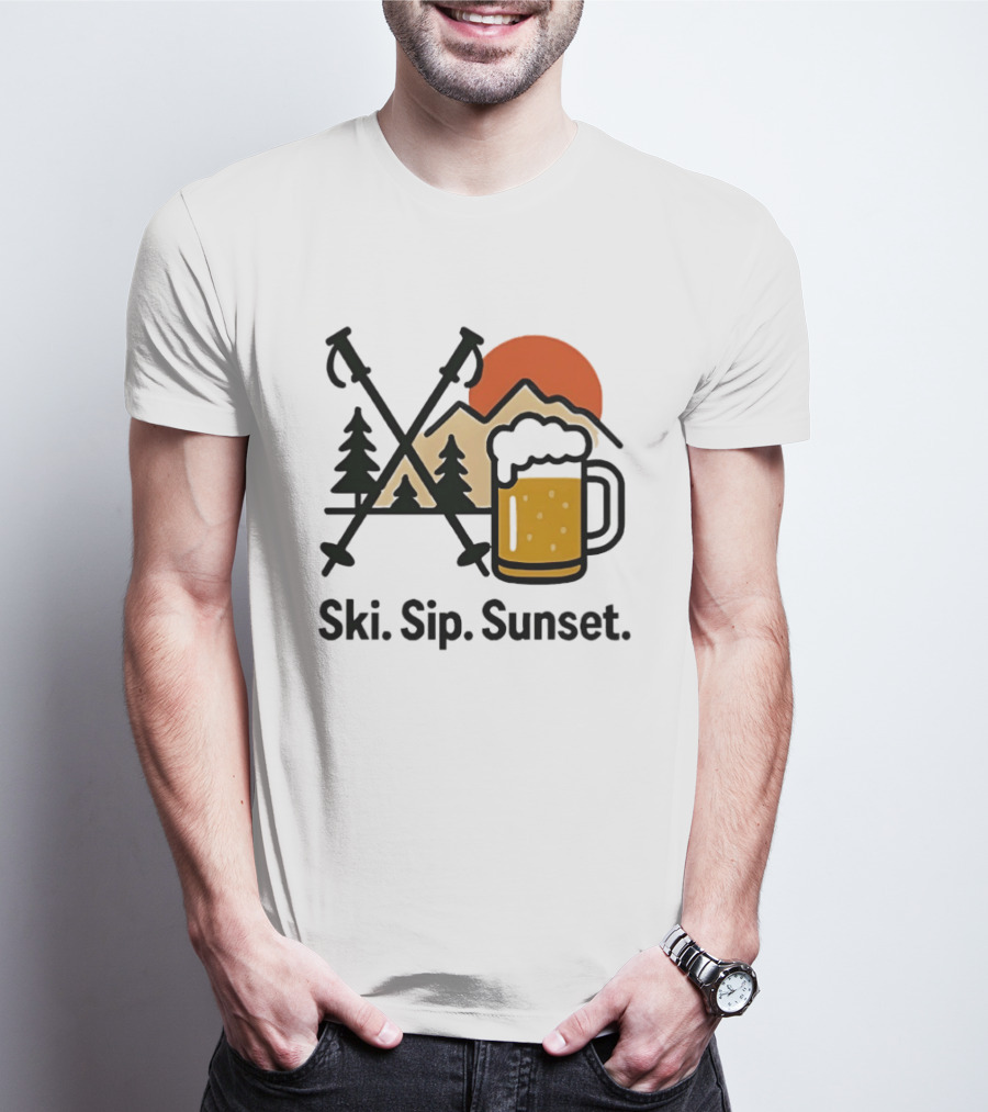 Ski Sip Sunset Mountain Beer Adventure T-Shirt