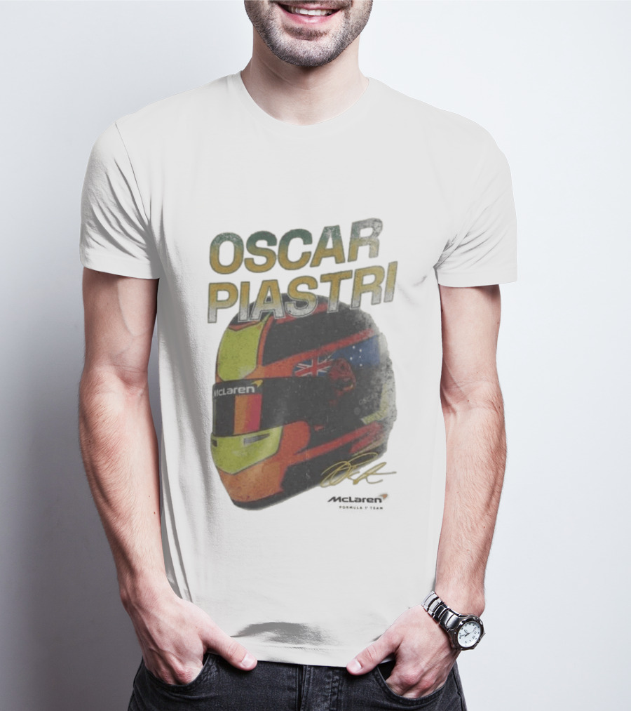 Oscar Piastri McLaren Racing Helmet Flag Signature T-Shirt